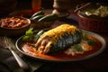 Close-up view of Chiles Rellenos, popular Mexican dish, traditional Mexican stuffed peppers. AI generated