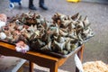 Close up view of Chinese Glutinous Rice Dumplings & x28;zongzi& x29; on the stall for sale. Sticky rice, triangle or cone shaped.