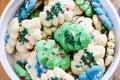 Close up view of Christmas butter spritz cookies packaged in a bucket. Homemade desserts for the holidays Royalty Free Stock Photo