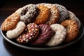 Close up view of christmas cookies forming a swirl pattern highlighted by a central gingerbread house cookie, AI Generated