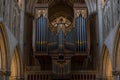 Close-up view of the church organ and pipes inside the historic Wells Cathedral Royalty Free Stock Photo