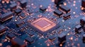 A close-up view of a circuit board with a central processor chip. Royalty Free Stock Photo