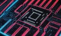 close-up view circuit board features central square-shaped component surrounded by complex network red and