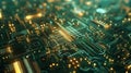 Close-up view of a circuit board with glowing golden and green lines. Royalty Free Stock Photo