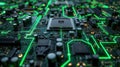 Motherboard Electronic System with Green Lines Glow Representing Data Flow and Future Technology Royalty Free Stock Photo
