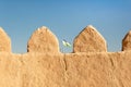 Close-up view city wall of Itchan Kala ancient town at dawn, oriental architecture, wildlife, Khiva, Uzbekistan. Top Royalty Free Stock Photo