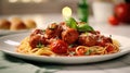Close up view of classic tomato spaghetti with meatball, Italian dish. Generative AI. Royalty Free Stock Photo