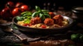 Close up view of classic tomato spaghetti with meatball, Italian dish. Generative AI. Royalty Free Stock Photo