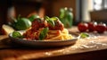 Close up view of classic tomato spaghetti with meatball, Italian dish. Generative AI. Royalty Free Stock Photo