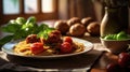 Close up view of classic tomato spaghetti with meatball, Italian dish. Generative AI. Royalty Free Stock Photo