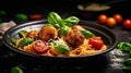 Close up view of classic tomato spaghetti with meatball, Italian dish. Generative AI. Royalty Free Stock Photo