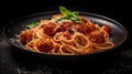 Close up view of classic tomato spaghetti with meatball, Italian dish. Generative AI. Royalty Free Stock Photo