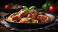 Close up view of classic tomato spaghetti with meatball, Italian dish. Generative AI. Royalty Free Stock Photo