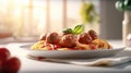 Close up view of classic tomato spaghetti with meatball, Italian dish. Generative AI. Royalty Free Stock Photo