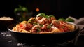 Close up view of classic tomato spaghetti with meatball, Italian dish. Generative AI. Royalty Free Stock Photo