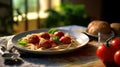 Close up view of classic tomato spaghetti with meatball, Italian dish. Generative AI. Royalty Free Stock Photo