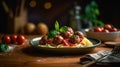 Close up view of classic tomato spaghetti with meatball, Italian dish. Generative AI. Royalty Free Stock Photo