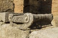 View of classical wall, and Byzantine marble fragment, Workshop of Pheidias, Peloponnes, Greece