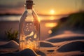 Close up view of a clear bottle on the beach against sunset sky, AI-generated