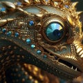 Close up view of a Closeup lizard and gold filigree. Generative Ai