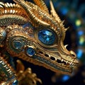 Close up view of a Closeup lizard and gold filigree. Generative Ai