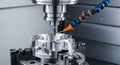 Precision CNC Machining of a Metal Component with Coolant Spray CNC machining milling machine Royalty Free Stock Photo