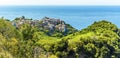 A close up view from the coastal path over the village of Corniglia, Italy Royalty Free Stock Photo