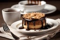 Coffee cup with biscuit cake crumbs on the saucer. A drizzle of chocolate syrup on the biscuit cake. Shallow