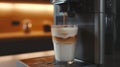 Close up view of a coffee maker pouring latte into a glass