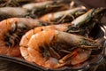 Close-up view of coked tiger shrimps on the metal dish. Macro photo. Seafood concept. Delicious meal. Traditional Thai food