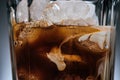 close up view of cold brewed coffee with ice cubes