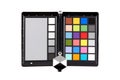 Close up view of color checker equipment of professional photographer