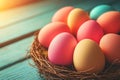 A close-up view of colored Easter eggs highlighted against a light, blurred background, surrounded by different Easter Royalty Free Stock Photo