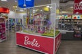 Close up view of colorful Barbie exhibition stand in toys department of Macy`s store. New York.