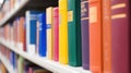 A close-up view of colorful books on a library shelf, showcasing organization and knowledge Royalty Free Stock Photo