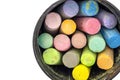 Colorful chalks arranged in a black container, showcasing vibrant hues Royalty Free Stock Photo