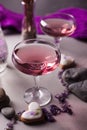 Close up view of colorful cocktails and decor for Halloween party. Mystical drink recipe for Halloween party. Selective focus. Royalty Free Stock Photo