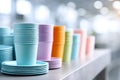 Close-up view of colorful disposable dinnerware in a modern production setting Royalty Free Stock Photo