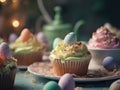 Close-up view of colorful Easter cupcakes with chocolate eggs decorations.