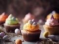 Close-up view of colorful Easter cupcakes with chocolate eggs decorations.