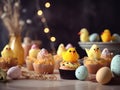 Close-up view of colorful Easter cupcakes with chocolate eggs and toy chickens decorations.