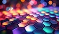 Close-up view of colorful hexagonal tiles reflecting lights