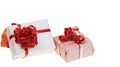 Close up view of colorful present boxes on white background. Royalty Free Stock Photo