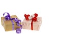 Close up view of colorful present boxes on white background. Royalty Free Stock Photo