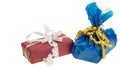 Close up view of colorful present boxes on white background. Royalty Free Stock Photo