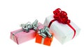 Close up view of colorful present boxes on white background. . Royalty Free Stock Photo