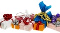 Close up view of colorful present boxes on white background. Royalty Free Stock Photo