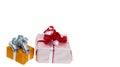 Close up view of colorful present boxes on white background. Royalty Free Stock Photo