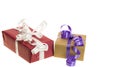 Close up view of colorful present boxes on white background Royalty Free Stock Photo