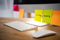 close up view of colorful sticky notes with marketing and strategy lettering on computer screen at workplace